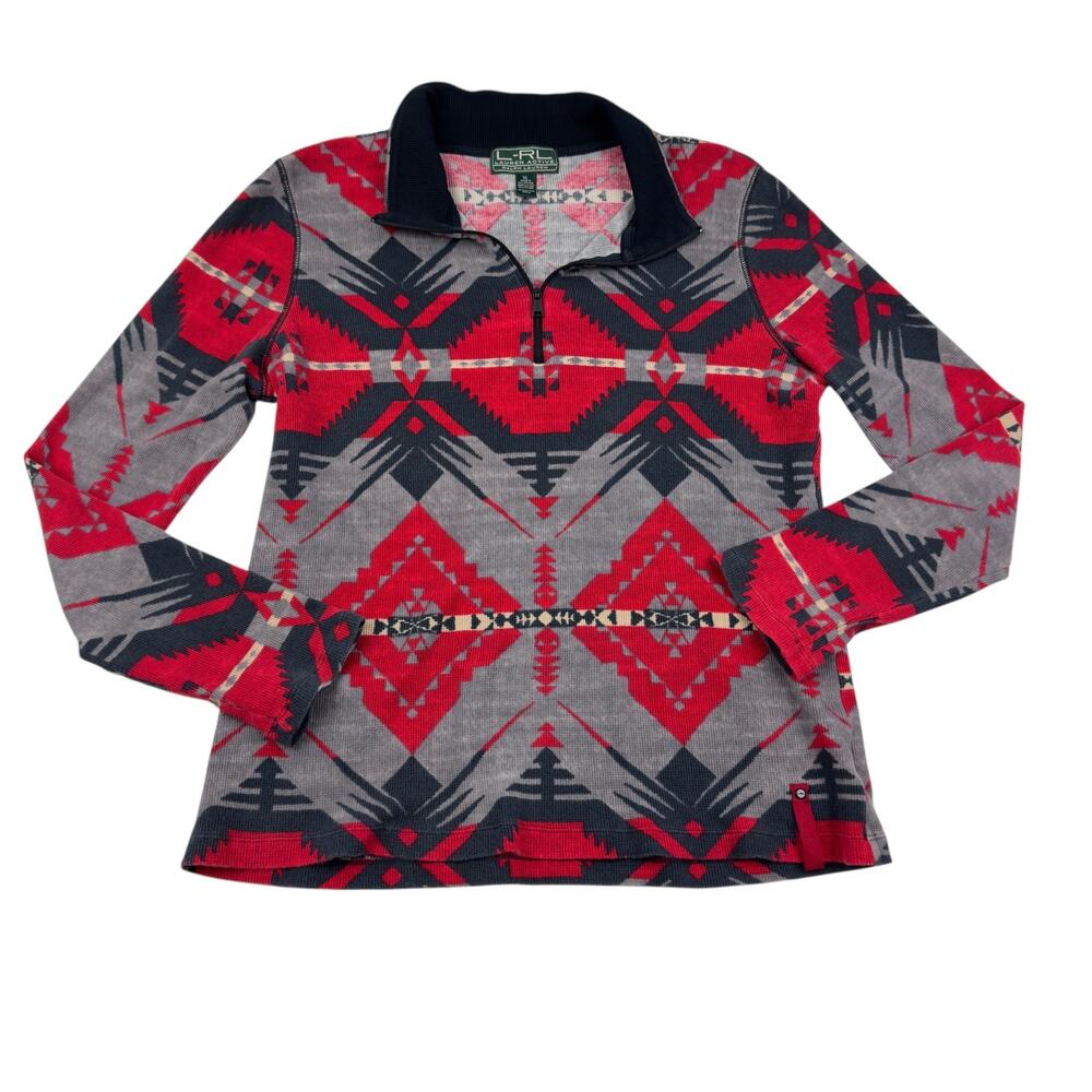 Lauren Ralph Lauren Southwest Aztec Waffle Knit 1/4 Zip L/S Top Women's Size XL